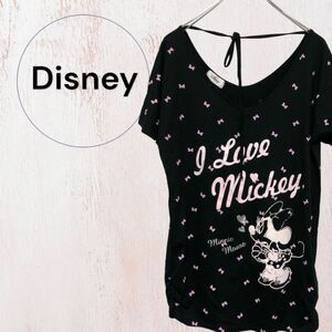 Disney ディズニー　 Tシャツ LL 半袖 カットソー プリント　ミニー　 コットンブレンド　ブラック　レディース　リボン