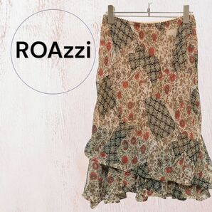 ROAzzi スカート　 総柄　フレア　薄手　膝丈　ひざ丈　ウエストゴム　韓国製　透け感