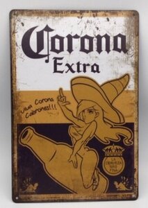送料無料 コロナ ビール ボトル＆ガール 金属製 メタルサインプレート DINNER コローナ エクストラ メキシコ CORONA Extra BEER 看板