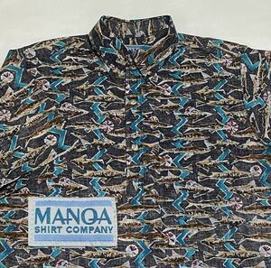 90's MANQA 魚総柄 裏地使い コットン ハワイアン アロハシャツ プルオーバー USA製 Mサイズ ビンテージ古着 80's 90年代 レインスプーナー