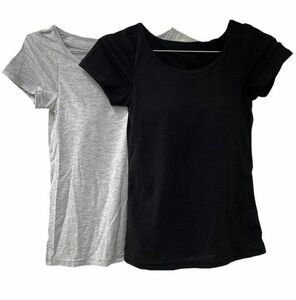 CR13051 IBK⑥【特価】新品 カップ付きインナーシャツ 2色2枚組 Ｍブラック 綿混 吸汗速乾 シンプル 半袖 抗菌防臭 訳あり レディース