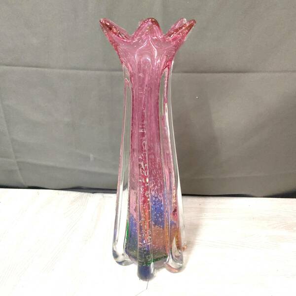 40cm ヴィンテージ レトロ フラワーベース ピンク クリア カラフル 柄 オーロラ ガラス 花瓶 (送料無料