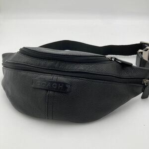1 jpy [ beautiful goods ]COACH Coach men's body bag belt bag Logo stamp double fastener diagonal .. leather leather wrinkle leather black black 