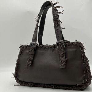 1円【美品・希少デザイン】ボッテガヴェネタ BOTTEGA VENETA トートバッグ ハンド イントレチャート フリンジ レザー ダークブラウン 