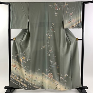 訪問着 身丈158cm 裄丈64cm M 袷 華文 草花 金糸 金彩 灰緑 正絹 秀品 【中古】