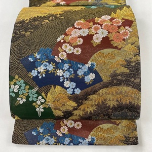 袋帯 美品 秀品 扇面 松竹梅 刺繍 金糸 黒 六通 正絹 【中古】