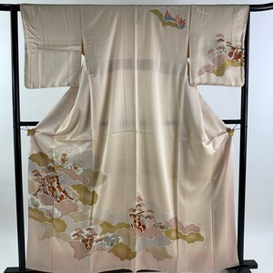 訪問着 身丈159.5cm 裄丈64.5cm M 袷 几帳 松 金糸 金彩 ピンクベージュ 正絹 優品 【中古】