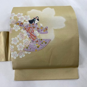 名古屋帯 美品 優品 人物 桜 箔 金色 正絹 【中古】