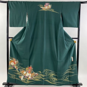 訪問着 身丈157.5cm 裄丈64.5cm M 袷 落款 草花 帆船 深緑 正絹 美品 秀品 【中古】