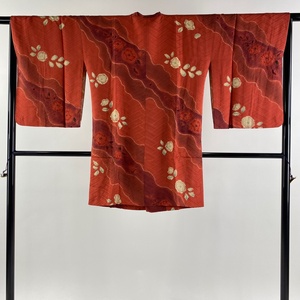 道行 身丈91cm 裄丈66cm M 和装コート 角衿 辻が花 茜色 正絹 美品 秀品 【中古】