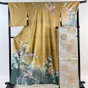 訪問着 身丈161cm 裄丈67.5cm L 袷 袋帯セット 菊 草花 金彩 染め分け 薄茶色 正絹 美品 秀品 【中古】