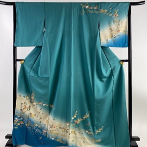 訪問着 身丈168.5cm 裄丈65cm M 袷 菊 鬘帯 金銀彩 刺繍 青緑 正絹 美品 秀品 【中古】