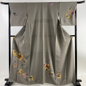 付下げ 身丈165cm 裄丈67cm M 袷 色紙 草花 金彩 灰茶 正絹 美品 秀品 【中古】