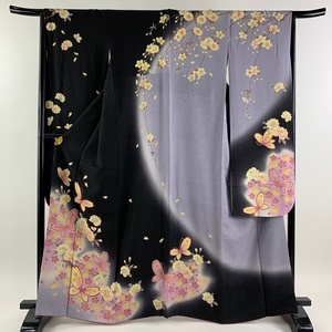 振袖 身丈164cm 裄丈66cm M 袷 蝶 桜 銀通し 箔 黒 正絹 美品 名品 【中古】