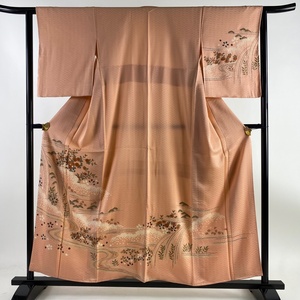 訪問着 身丈156cm 裄丈63cm S 袷 菊 流水 絞り 金彩 ピンク 正絹 美品 優品 【中古】