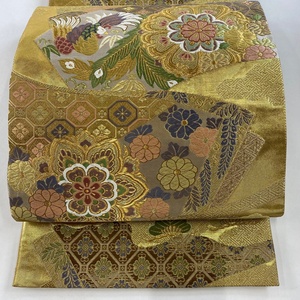 袋帯 美品 秀品 華文 鳥 金糸 箔 山吹茶色 六通 正絹 【中古】