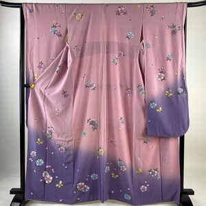 振袖 身丈167cm 裄丈65.5cm M 袷 桜 蝶 染め分け 金彩 ピンク 正絹 秀品 【中古】