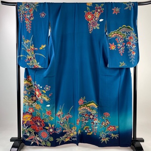 振袖 身丈163.5cm 裄丈68cm L 袷 二尺袖 桜 松竹梅 ぼかし 藍色 正絹 秀品 【中古】