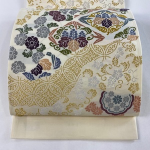 袋帯 美品 名品 証紙 松竹梅 花唐草 金糸 唐織 クリーム 六通 正絹 【中古】