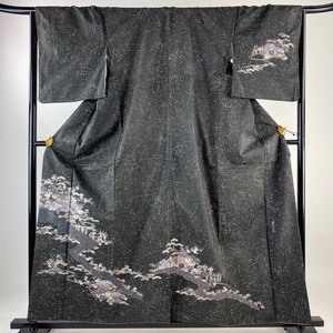 付下げ 身丈160cm 裄丈65.5cm M 袷 紬地 蘇州刺繍 建物 松竹梅 刺繍 金糸 黒灰 正絹 名品 【中古】