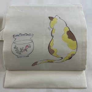 名古屋帯 美品 逸品 夏帯 絽 猫 金魚 クリーム 正絹 【中古】