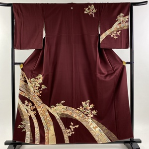 訪問着 身丈159.5cm 裄丈64cm M 袷 松 熨斗 金彩 茶紫 正絹 美品 優品 一つ紋 【中古】