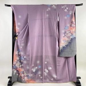 振袖 身丈168.5cm 裄丈68cm L 袷 桜 シルエット 金通し ぼかし 灰紫 正絹 名品 【中古】