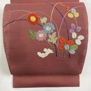 名古屋帯 美品 秀品 夏帯 絽 松葉仕立て 八寸名古屋帯 トンネル仕立て 菊 萩 金糸 刺繍 ピンクベージュ 正絹 【中古】