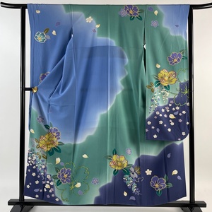 振袖 身丈158cm 裄丈62cm S 袷 椿 蘭 金糸 金彩 青緑 正絹 美品 名品 【中古】