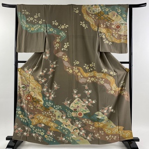 訪問着 身丈162cm 裄丈65.5cm M 袷 落款 丸紋 草花 金糸 絞り 茶色 正絹 名品 【中古】