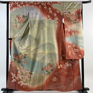 振袖 身丈160cm 裄丈65.5cm M 袷 菊 枝桜 金彩 ぼかし 灰緑 正絹 秀品 【中古】