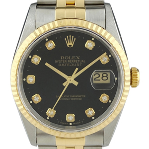 ロレックス ROLEX デイトジャスト 10Pダイヤ 16233G 腕時計 SS YG ダイヤモンド 自動巻き ブラック メンズ 【中古】