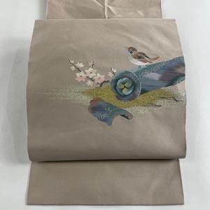 名古屋帯 秀品 八寸名古屋帯 松葉仕立て 雀 枝花 金糸 薄小豆 正絹 【中古】