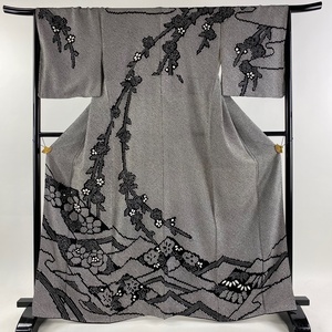 訪問着 身丈165cm 裄丈67cm M 袷 枝垂れ桜 草花 総絞り 黒 正絹 美品 名品 【中古】