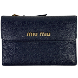 ミュウ ミュウ Miu Miu ロゴ 三つ折り 財布 札入れ 小銭入れ 三つ折り財布 レザー ネイビー レディース 【中古】