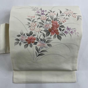 名古屋帯 秀品 草花 薄黄 正絹 【中古】