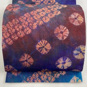 袋帯 美品 名品 紬地 幾何学模様 絞り 青紫 全通 正絹 【中古】