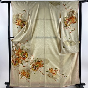 振袖 身丈164cm 裄丈63cm S 袷 鼓 菊 金糸 刺繍 薄オレンジ 正絹 秀品 【中古】