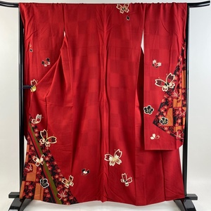  long-sleeved kimono length 160.5cm sleeve length 67.5cm L. butterfly Sakura gold thread gold paint red silk preeminence goods [ used ]