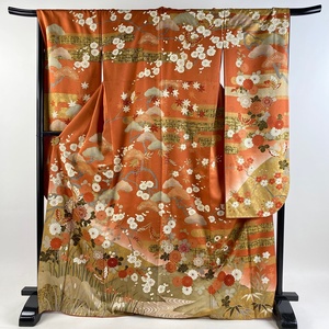  long-sleeved kimono length 170cm sleeve length 68.5cm L.. butterfly gold thread gold paint orange silk preeminence goods [ used ]