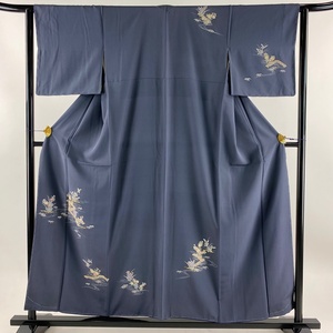 付下げ 身丈156cm 裄丈61.5cm S 袷 菊 八橋 金彩 紺色 正絹 秀品 【中古】