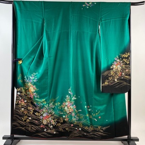 振袖 身丈156.5cm 裄丈66cm M 袷 花車 波 金銀彩 ラメ 緑 正絹 秀品 【中古】