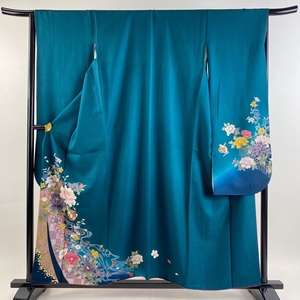 long-sleeved kimono length 156cm sleeve length 65cm M.. horse . flower gold paint bokashi blue green silk preeminence goods [ used ]