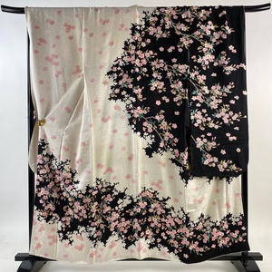 振袖 身丈154cm 裄丈68cm L 袷 桜 地紋 金銀彩 金糸 クリーム 正絹 美品 逸品 【中古】