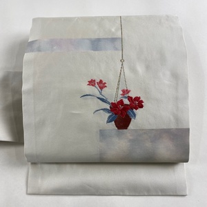 名古屋帯 美品 優品 草花 箔 銀糸 灰白 正絹 【中古】