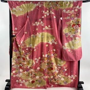 振袖 身丈170cm 裄丈69.5cm L 袷 檜扇 草花 金彩 ぼかし ピンク 正絹 美品 名品 【中古】