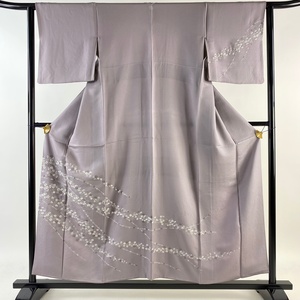 訪問着 身丈156cm 裄丈62.5cm S 袷 桜 金糸 刺繍 灰紫 正絹 秀品 一つ紋 【中古】