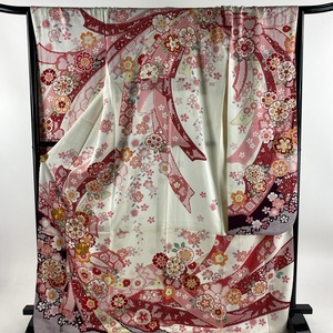 振袖 身丈171cm 裄丈67.5cm L 袷 桜 束ね熨斗 金糸 金彩 白 正絹 名品 【中古】