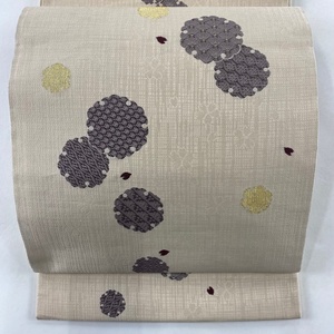 袋帯 秀品 雪輪 花びら 箔 薄茶色 六通 正絹 【中古】