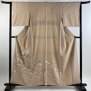 訪問着 身丈158cm 裄丈65cm M 袷 落款 草花 ピンクベージュ 正絹 美品 秀品 一つ紋 【中古】